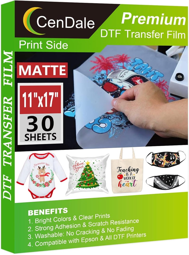CenDale DTF Transfer Film 11"x17" - 30 Sheets Double-Sided Matte DTF Film for Sublimation Hack, Direct to Film Printing on All Color Fabric and T-Shirts Textile, Hot & Cold Peel DTF Paper - Image 1